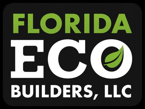 Florida Eco Builders LLC logo with green and white text on black background featuring a leaf icon